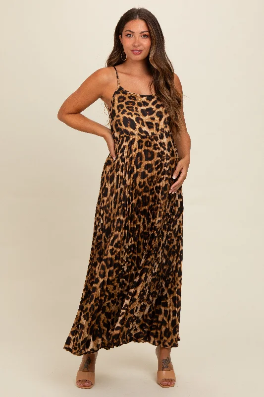 Brown Leopard Print Pleated Maternity Maxi DressCocktail Dress