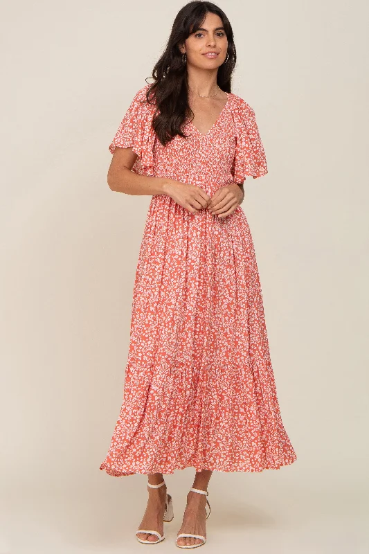 Coral Floral Smocked V-Neck Flutter Short Sleeve Midi DressVNeckTopApex