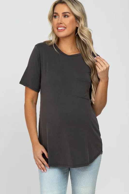 Dark Grey Crew Neck Front Pocket Short Sleeve Maternity TopCrewneckheritage