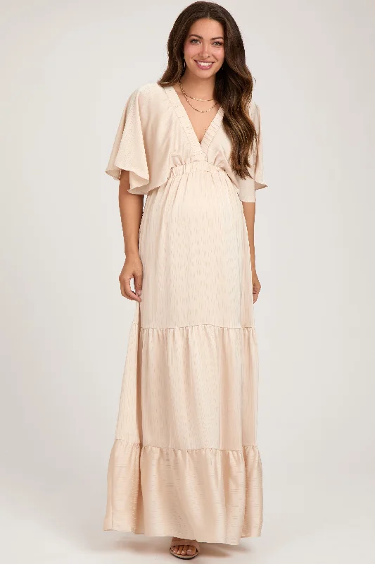 Beige V-Neck Flutter Sleeve Tiered Maternity Maxi DressVNeckTopPulse