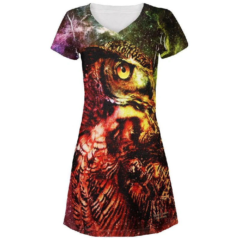 Galaxy Zen Wisdom Owl All Over Juniors V-Neck DressVNeckTopDragon