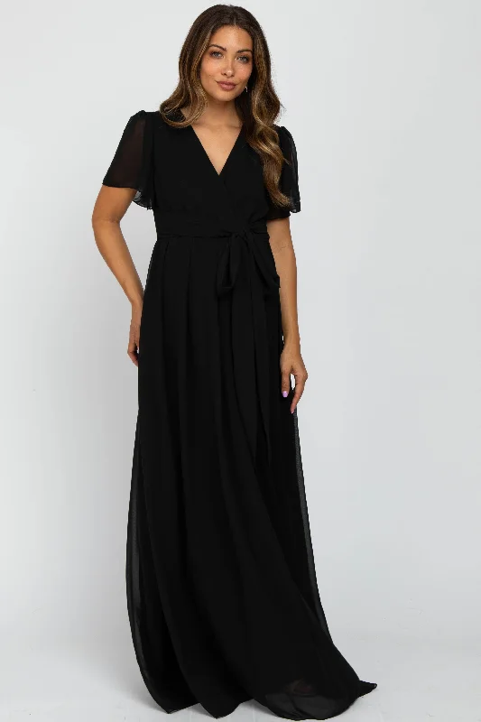 Logo Short Sleeve TopsBlack Chiffon Short Sleeve Maternity Maxi Dress