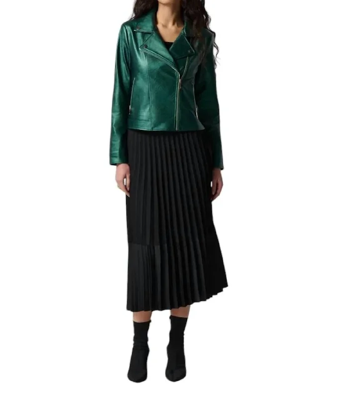 Metallic Faux Leather Biker Jacket In EmeraldBranded Jackets