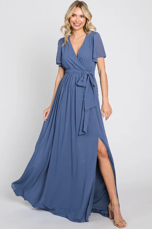 Navy Blue Chiffon Short Sleeve Wrap V-Neck Front Slit Maxi DressVNeckTopAdventurer