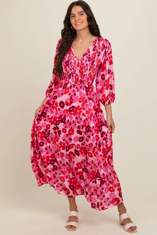 Pink Floral Wrap Front Smocked V-Neck Tiered Midi DressVNeckTopQuasar