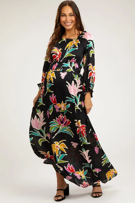 Black Floral Ruffle Neck Maternity Maxi DressLong-sleeve Dress