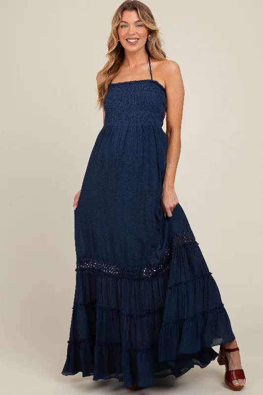 Navy Smocked Open Back Maternity Maxi DressBridal Dress