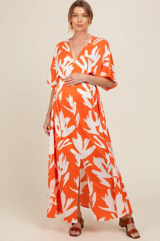 Orange Floral Double V-Neck Front Slit Maternity Maxi DressVNeckTopPeak