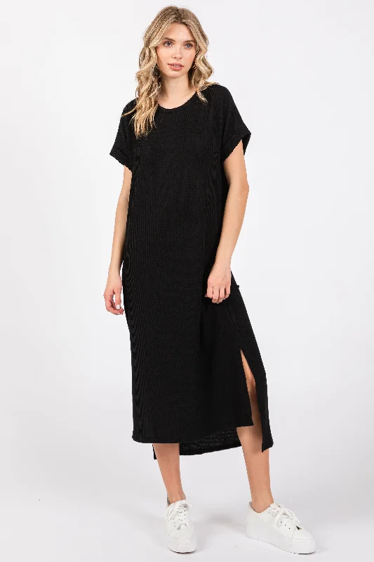 Off-Shoulder Short Sleeve TopsBlack Ribbed Short Sleeve Midi Dress