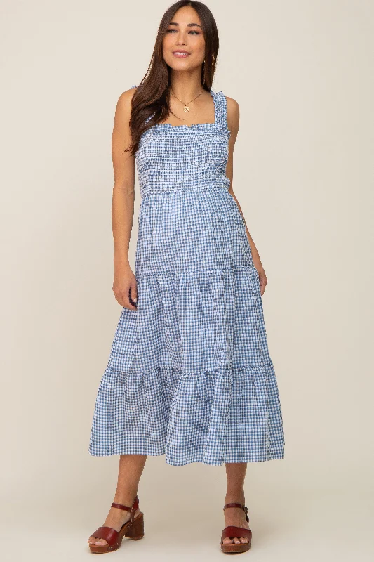 Blue Gingham Smocked Tiered Maternity Midi DressReflective Dress