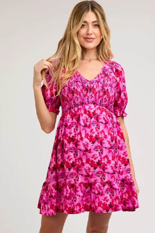 Fuchsia Floral Smocked V-Neck Ruffle Maternity DressVNeckTopHalo