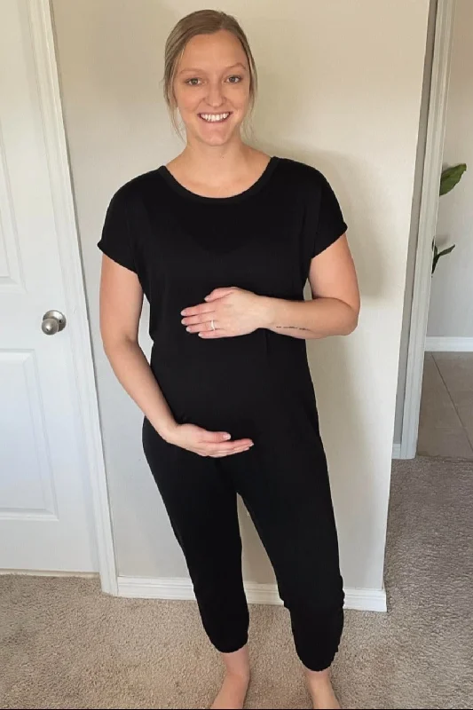 Running Short Sleeve TopsPinkBlush Black Short Sleeve Maternity Jumpsuit