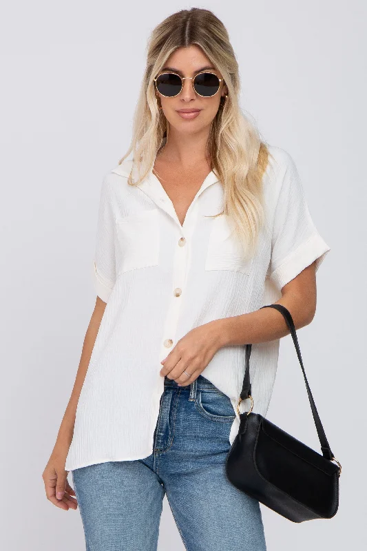 High-Fashion Short Sleeve TopsIvory Collared Button-Down Short Sleeve Blouse