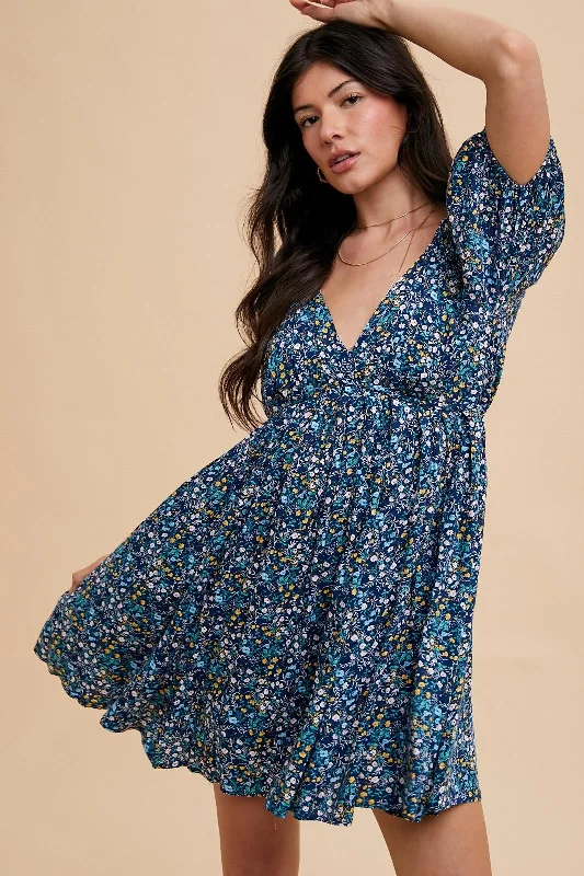 Navy Blue Floral V-Neck Cutout Back DressVNeckTopFlow