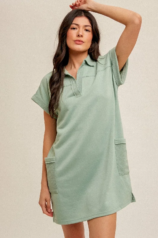 Mint Terry Cuff Sleeve Pocketed Collared DressMaxi Dress