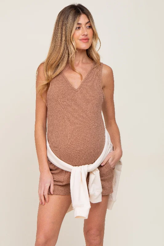 Mocha Ribbed V-Neck Sleeveless Maternity RomperVNeckTopSolar