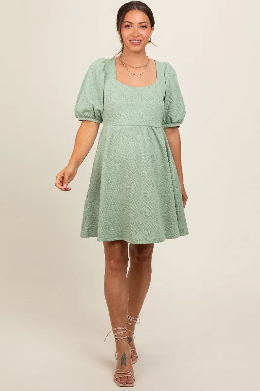 Mint Green Jacquard Puff Sleeve Maternity DressEmbroidered Dress