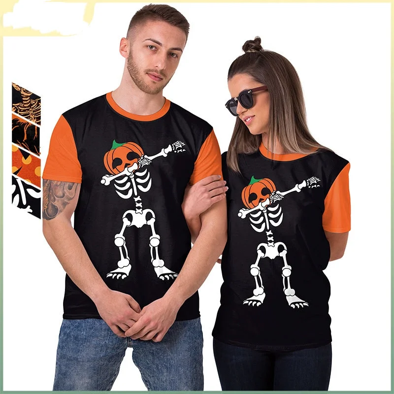 Crewneck Short Sleeve TopsWomen's Horror Pumpkin Skeleton Digital Printed Round Neck Short Sleeve