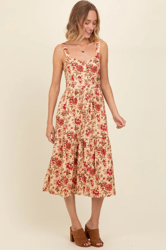 Cream Floral Sweetheart Neck Button Down Midi DressA-line Dress