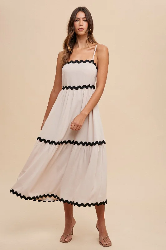 Beige Ric Rac Trim Tiered Midi DressFloral Dress