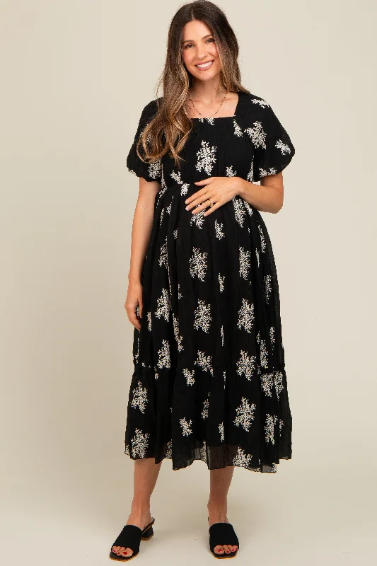 Black Floral Print Ruffle Hem Maternity Midi DressEdwardian Dress