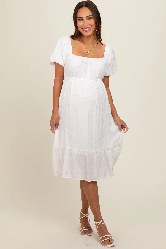 White Heart Embroidered Short Puff Sleeve Maternity Midi DressTactical Dress