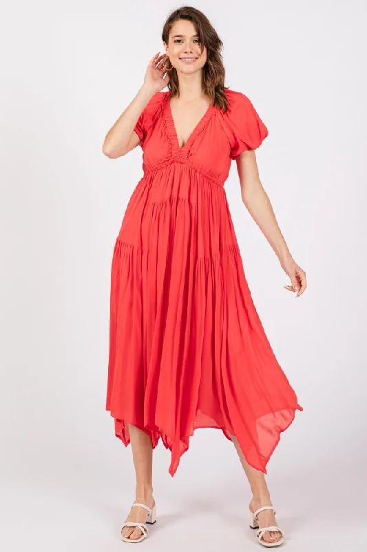 Red Deep V-Neck Puff Short Sleeve Asymmetrical Hem Midi DressVNeckTopQuartz