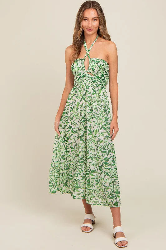 Green Leaf Print Halter Keyhole Midi DressSilk Dress