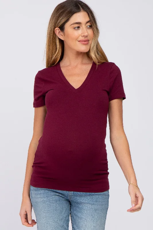 Burgundy V-Neck Short Sleeve Maternity TopVNeckTopApex