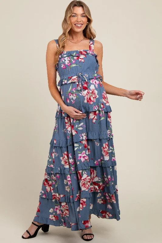 Blue Floral Sleeveless Tiered Maternity Maxi DressSatin Dress