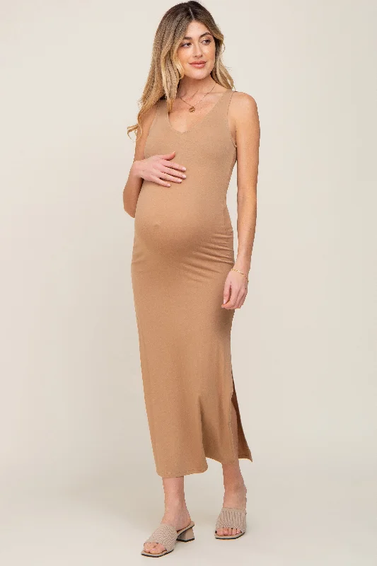 Camel V-Neck Side Slit Maternity Midi DressVNeckTopHorizon