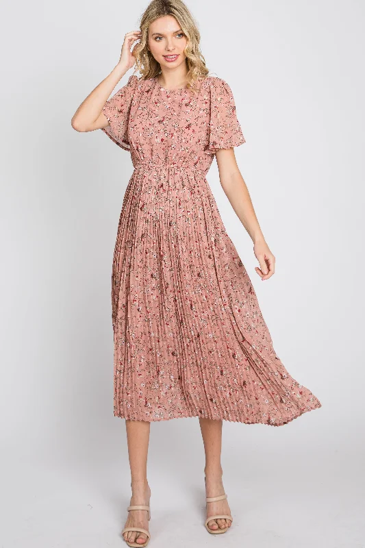 Reflective Short Sleeve TopsLight Pink Floral Pleated Short Sleeve Chiffon Midi Dress