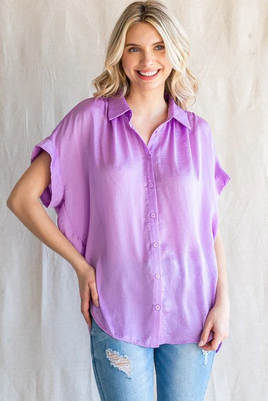 Longline Short Sleeve TopsPurple Satin Button Front Collared Short Sleeve Top