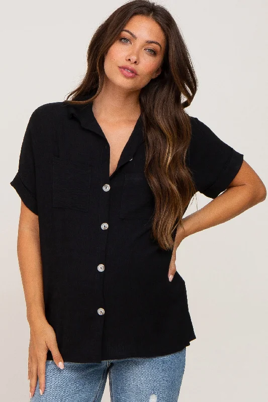 Fleece Short Sleeve TopsBlack Collared Button-Down Short Sleeve Maternity Blouse