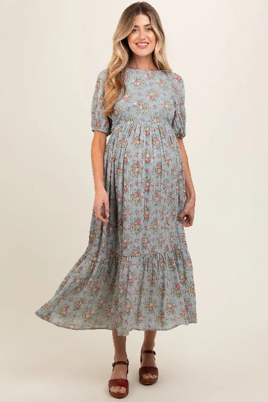 Light Blue Floral Textured Tied Open Back Maternity Maxi DressMini Dress