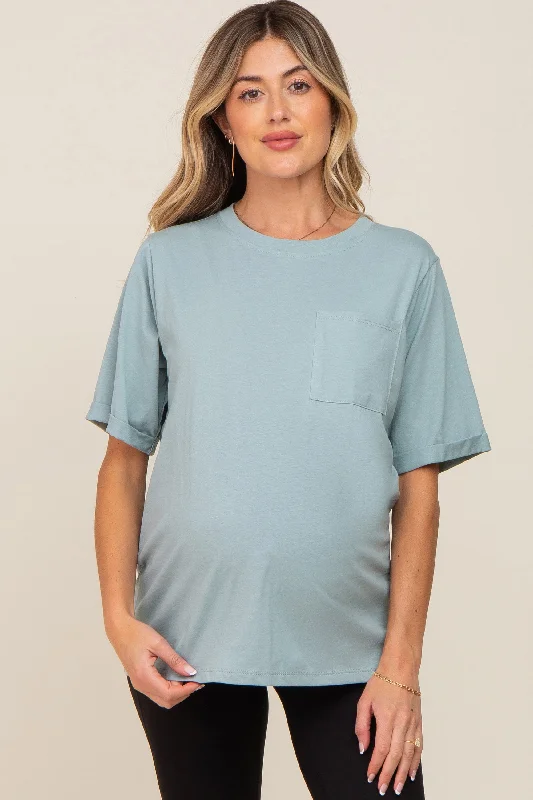 Waterproof Short Sleeve TopsMint Green Oversized Pocket Front Short Sleeve Maternity Top