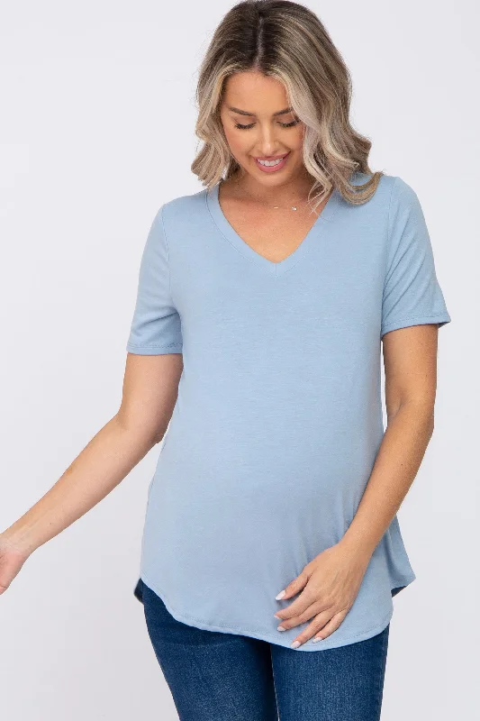 Blue V-Neck Maternity Short Sleeve Round Hem TopVNeckTopHydra