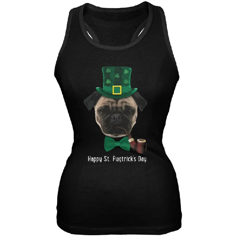 Cycling teeSt. Patrick's - Pugtrick's Day Funny Pug Black Juniors Soft Tank Top