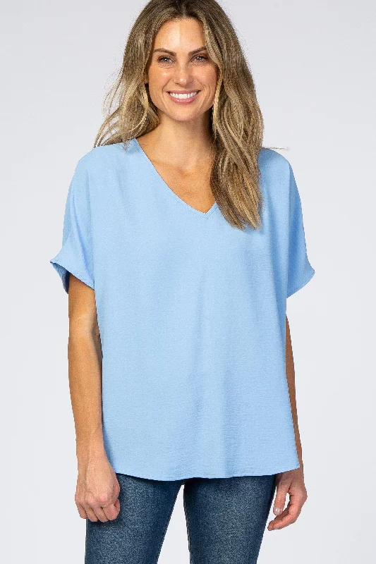 V-Neck Short Sleeve TopsLight Blue Short Sleeve Blouse