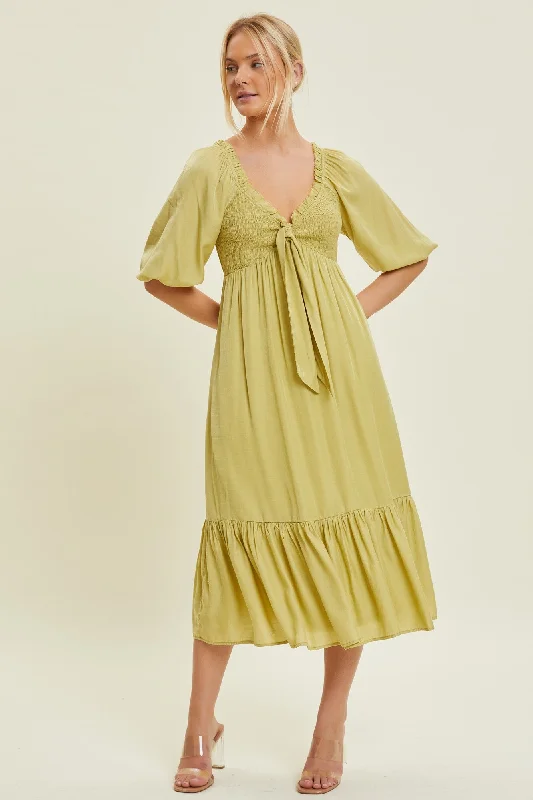 Light Olive Smocked Front Tie Midi DressStrapless Dress