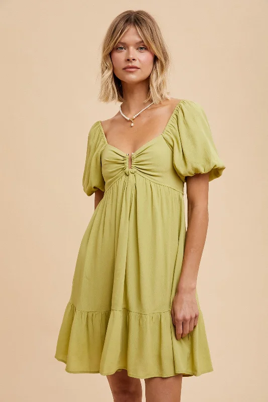 Light Olive U Notched Bubble Short Sleeve DressEvening Dress