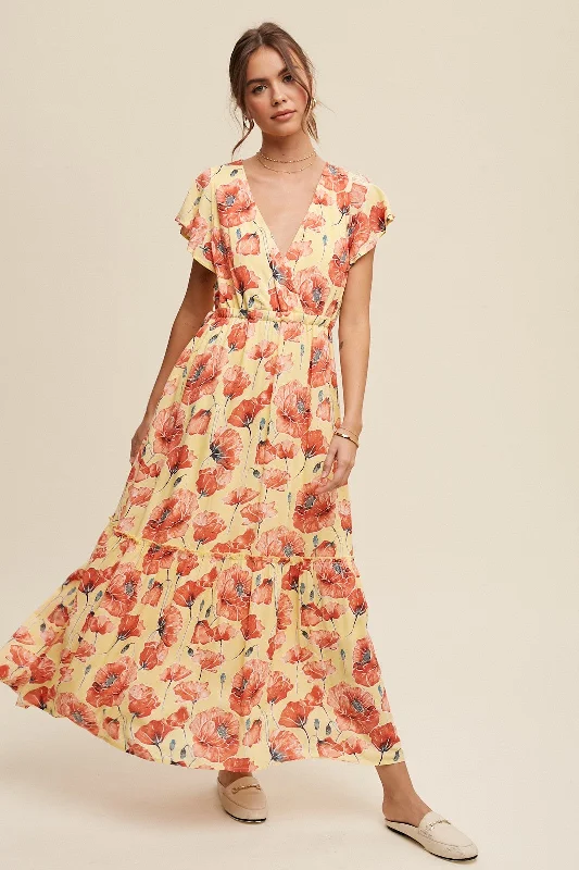 Light Yellow Floral Print V-Neck Maxi DressVNeckTopQuasar