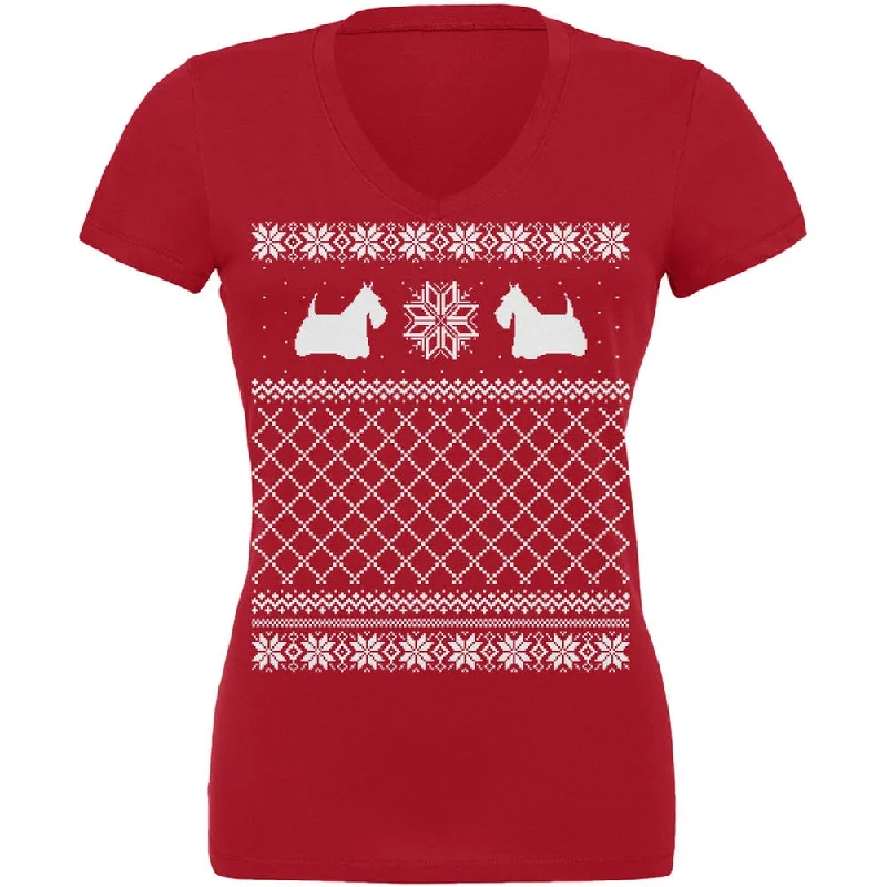 Scottish Terrier Ugly Christmas Sweater Red Juniors V-Neck T-ShirtVNeckTopX