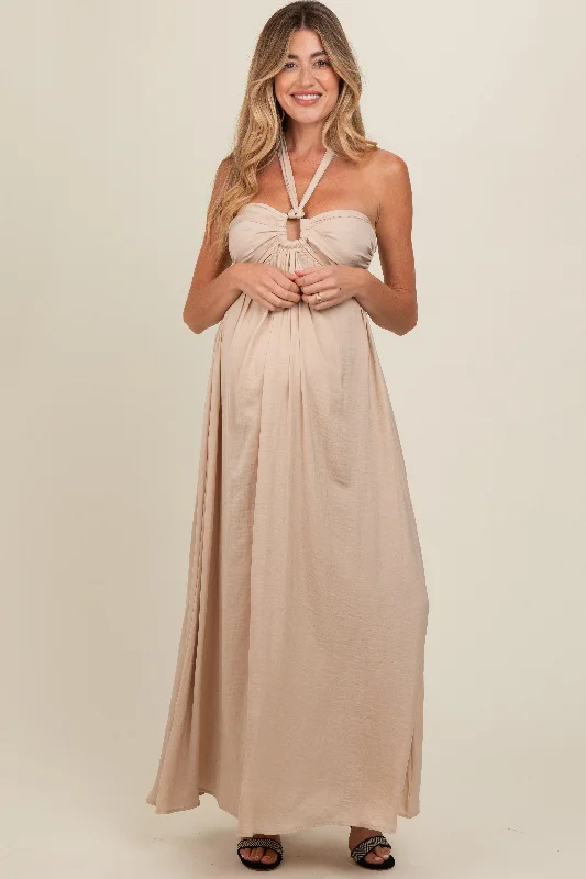 Beige Halter Cutout Maternity Maxi DressFormal Dress