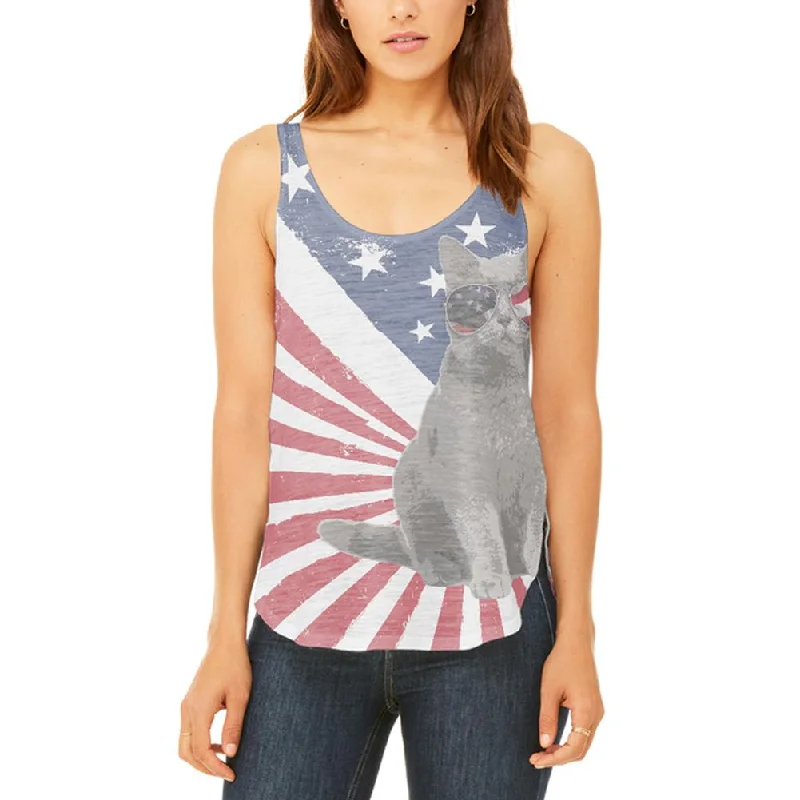 Cycling vest4th Of July Meowica America Patriot Cat Juniors Flowy Side Slit Tank Top