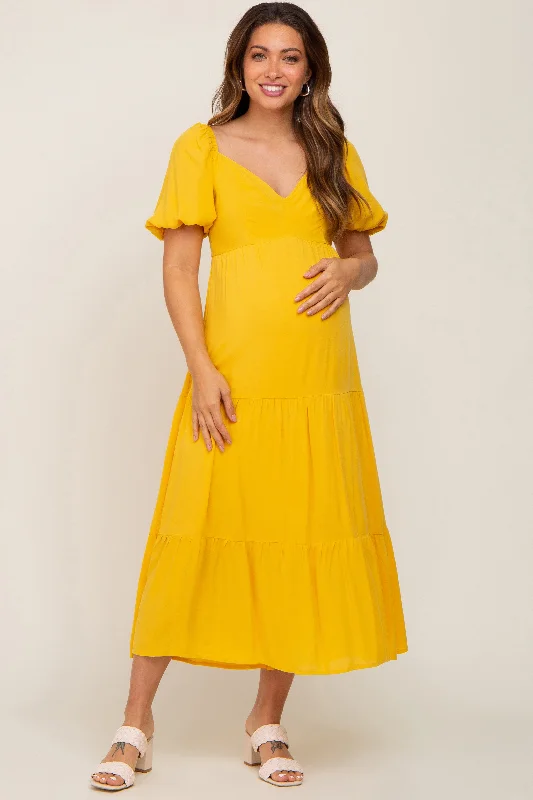 Yellow V-Neck Puff Sleeve Tiered Maternity Maxi DressVNeckTopTerra