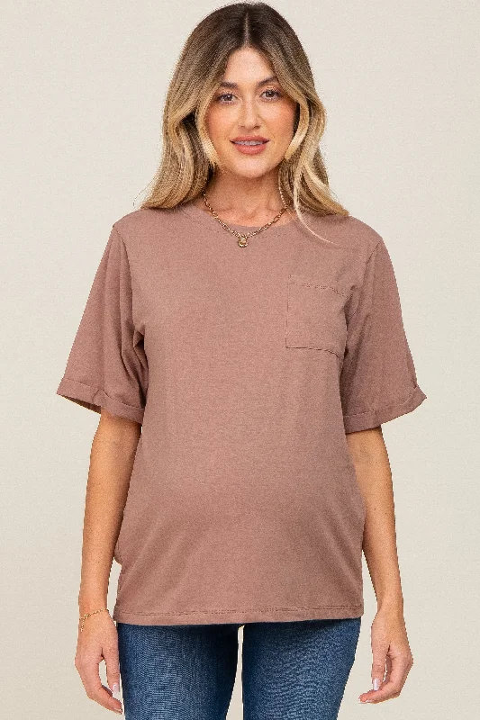 Linen Short Sleeve TopsMocha Oversized Front Pocket Cuffed Short Sleeve Maternity Top