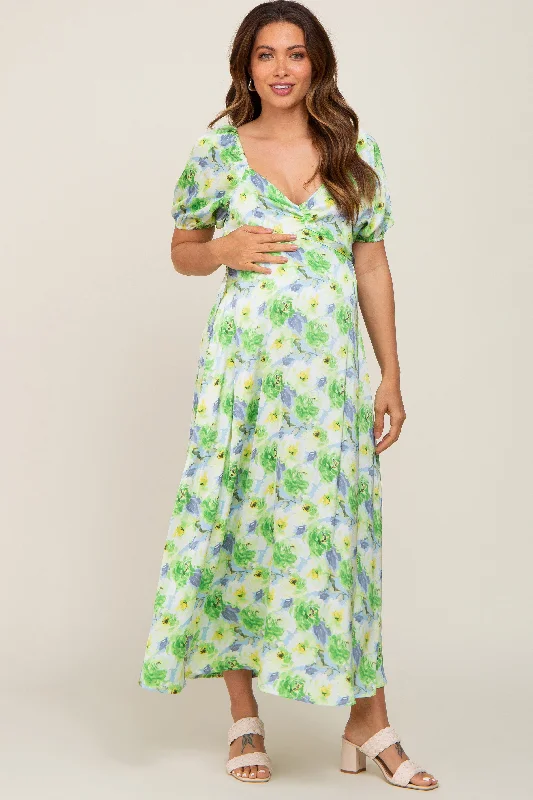 Blue Floral Satin Ruched V-Neck Puff Short Sleeve Maternity Maxi DressVNeckTopPeak