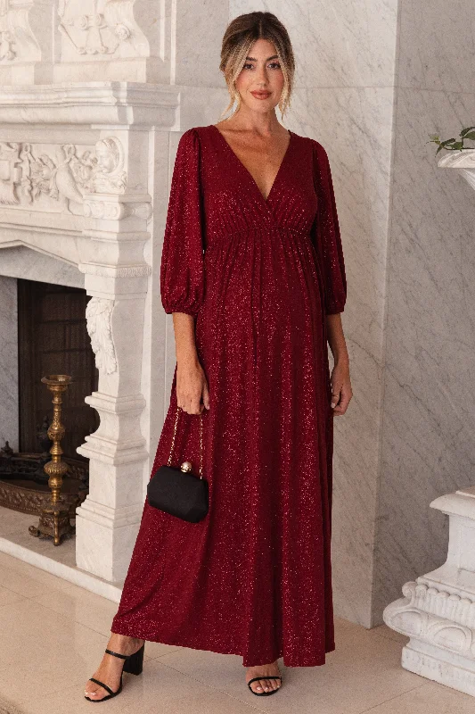 Burgundy Glitter V-Neck Maternity Maxi DressVNeckTopBronze