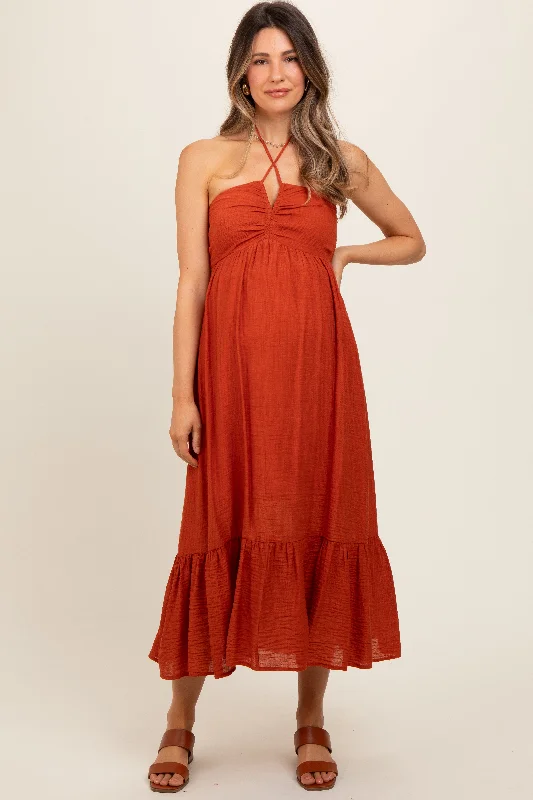 Rust Halter Maternity Midi DressShirt Dress